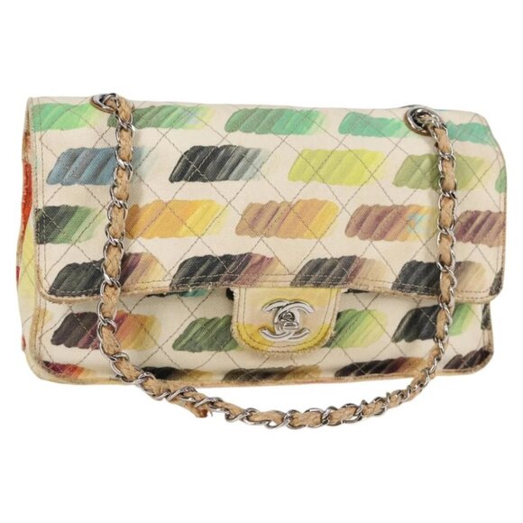 CHANEL Chain Shoulder Bag Canvas Ivory Silver CC Auth 127285V - Picture 1 of 16